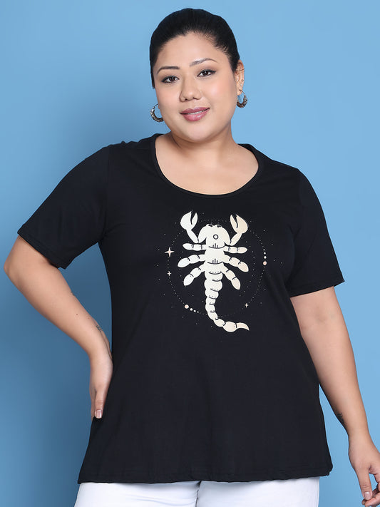 Women's Plus Size Black Solid Color Scorpio Zodiac Sign Printed Cotton T-shirt