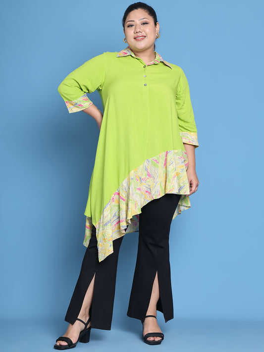 Women's Plus Size Green Solid Color and Yellow Gold Foil printed detail woven longline top