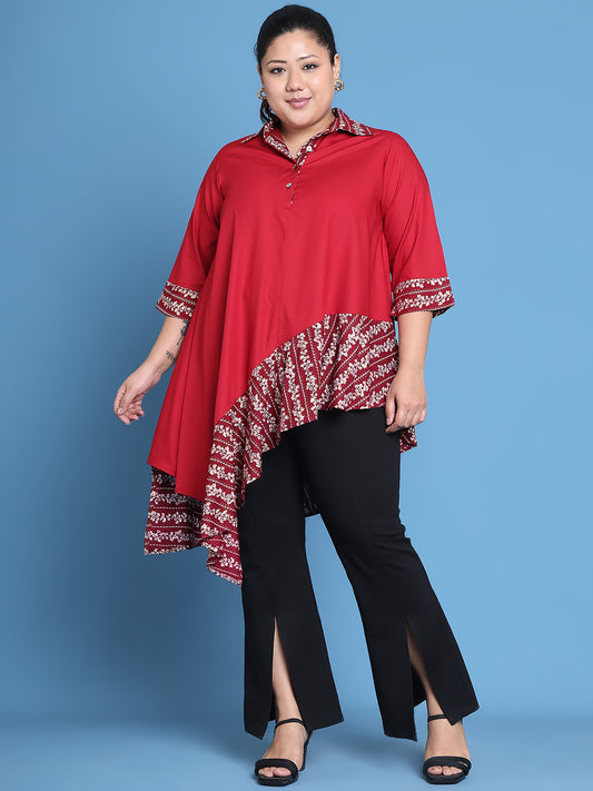 Women's Plus Size Maroon Solid Color and Maroon Gold Foil printed detail woven longline top