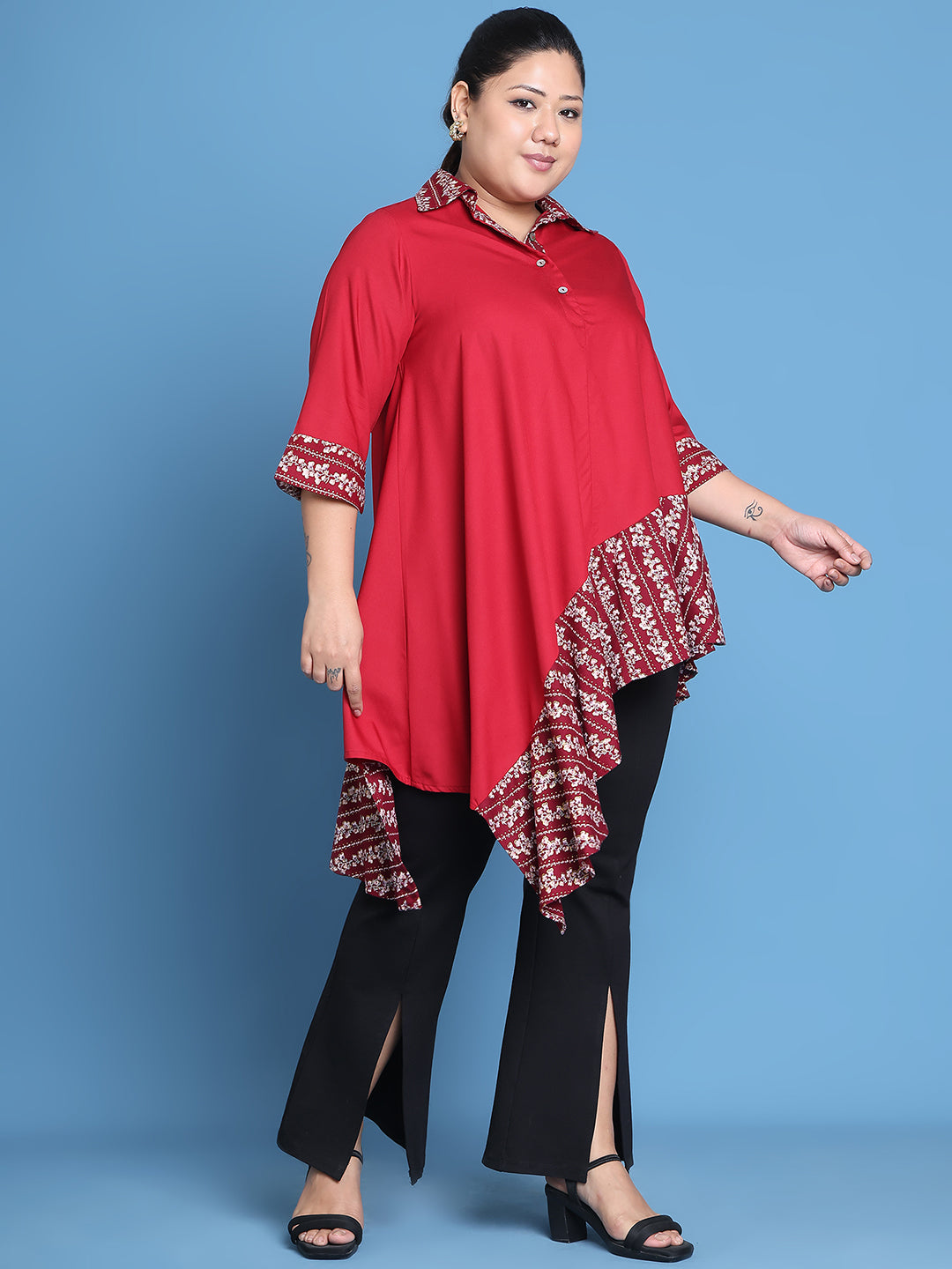 Women's Plus Size Maroon Solid Color and Maroon Gold Foil printed detail woven longline top