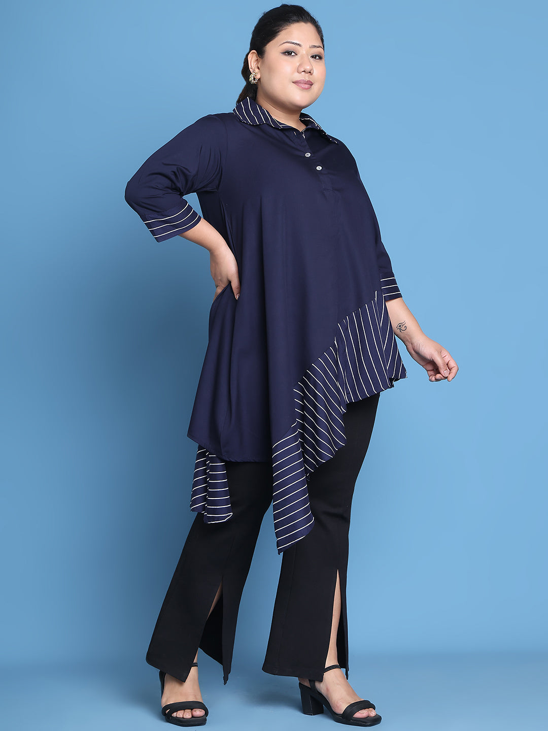 Women's Plus Size Navy Solid Color and Navy Stripe printed detail woven longline top