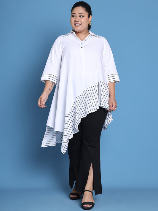 Women's Plus Size White Solid Color and White Stripe printed detail woven longline top