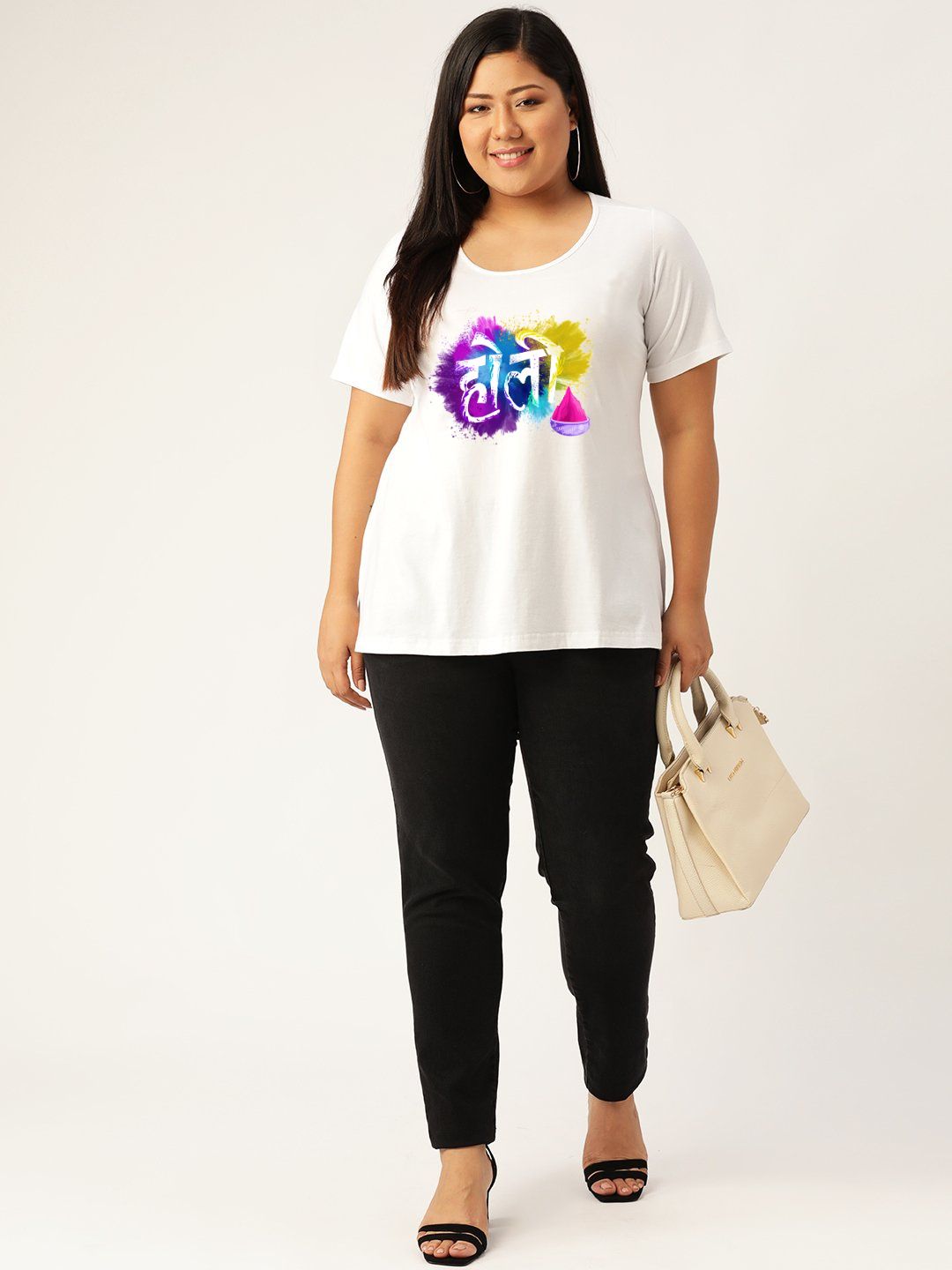 Women's Plus Size White Solid Color Printed Cotton T-shirt