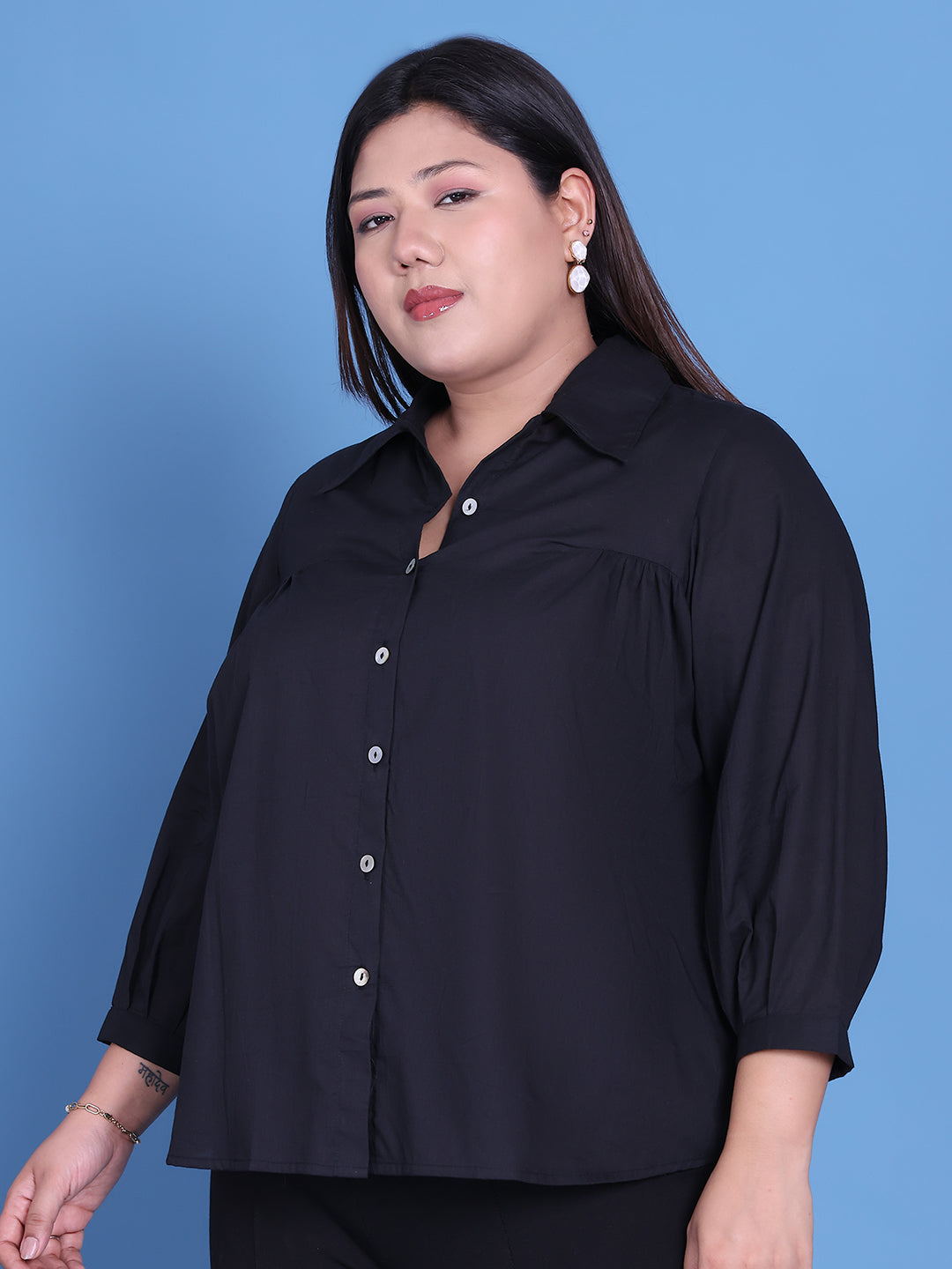 theRebelinme Black Color Cotton Spread Collar Casual Shirt