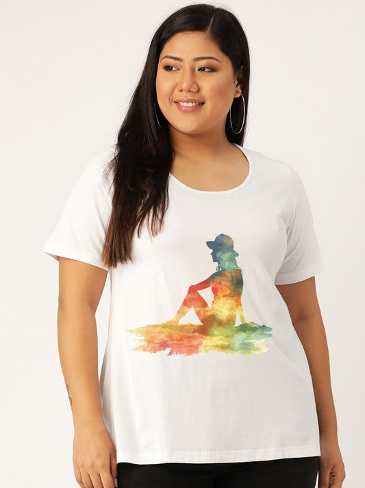 Women's Plus Size White Solid Color yoga graphic Printed Cotton T-shirt