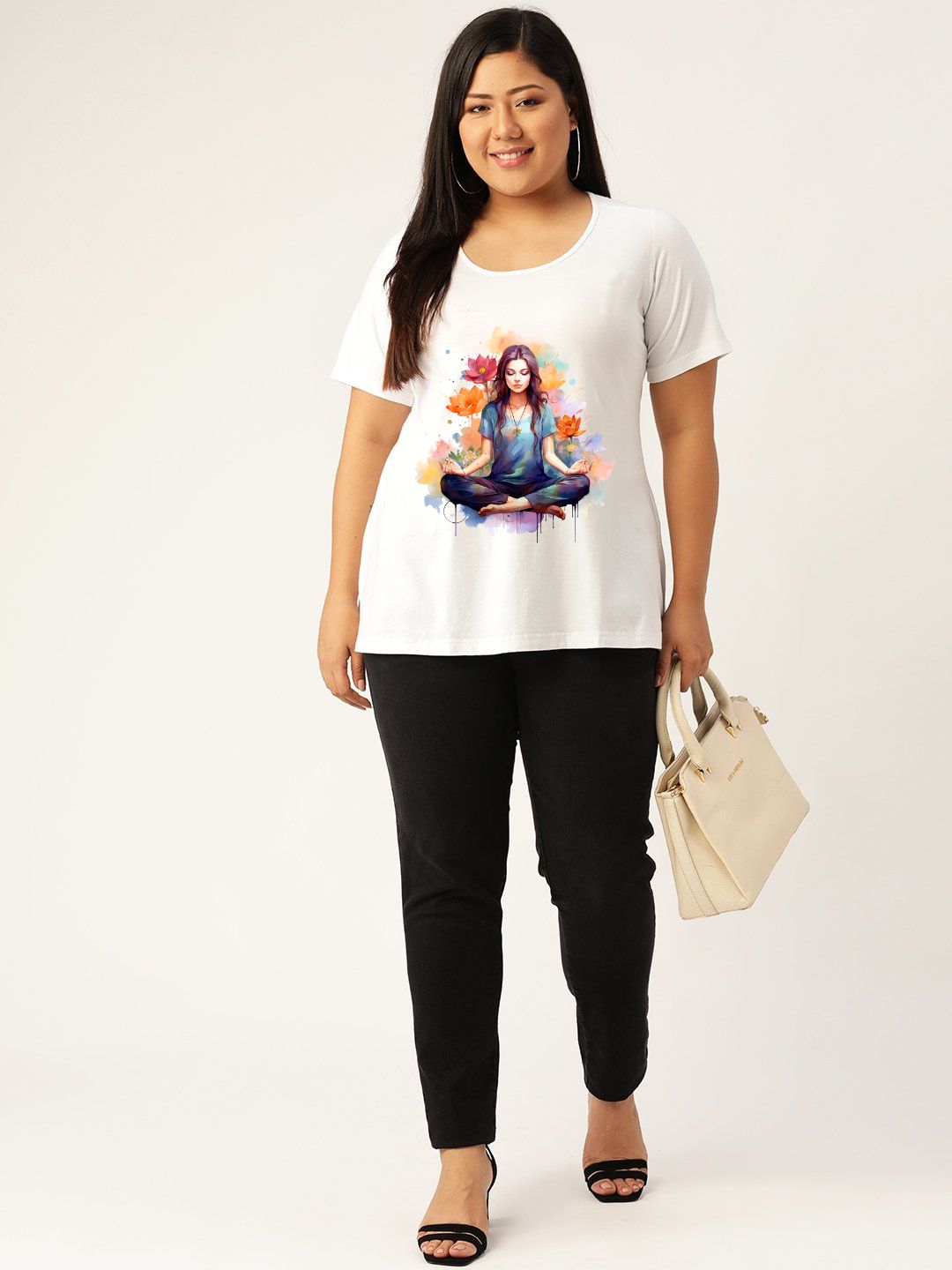 Women's Plus Size White Solid Color yoga graphic Printed Cotton T-shirt