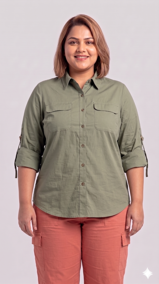 Classic Sage Green Buckle-Down Shirt with Roll-Up Sleeves