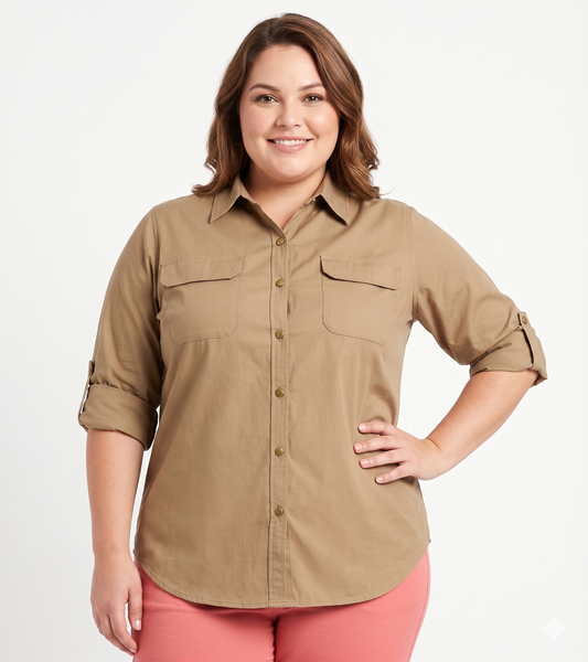 Classic Khaki Buckle-Down Shirt with Roll-Up Sleeves