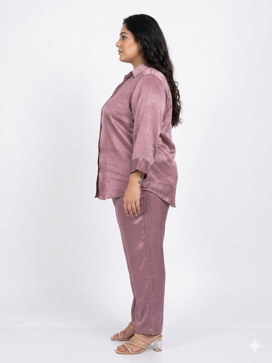 Women's Plus Size Mauve Satin Button-Down Shirt & Straight-Leg Trouser Set