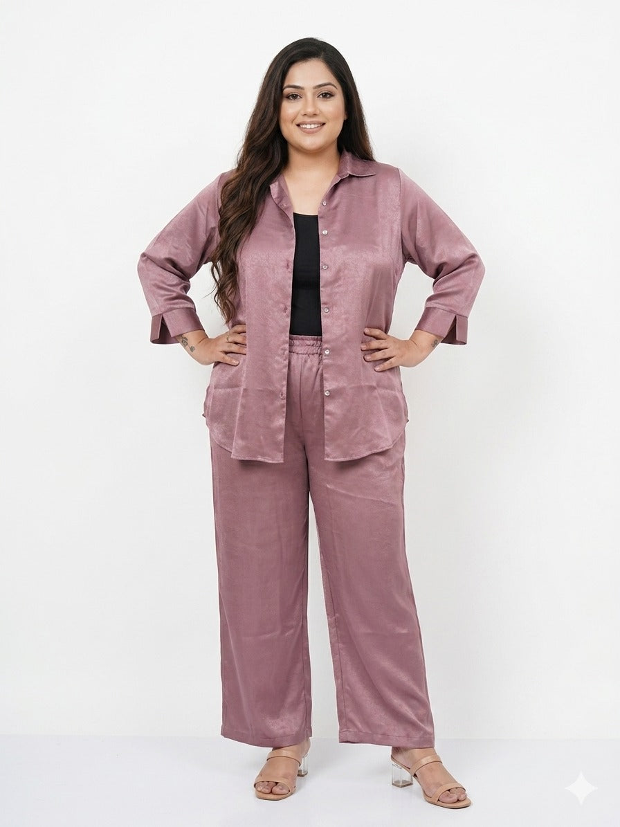 Women's Plus Size Mauve Satin Button-Down Shirt & Straight-Leg Trouser Set