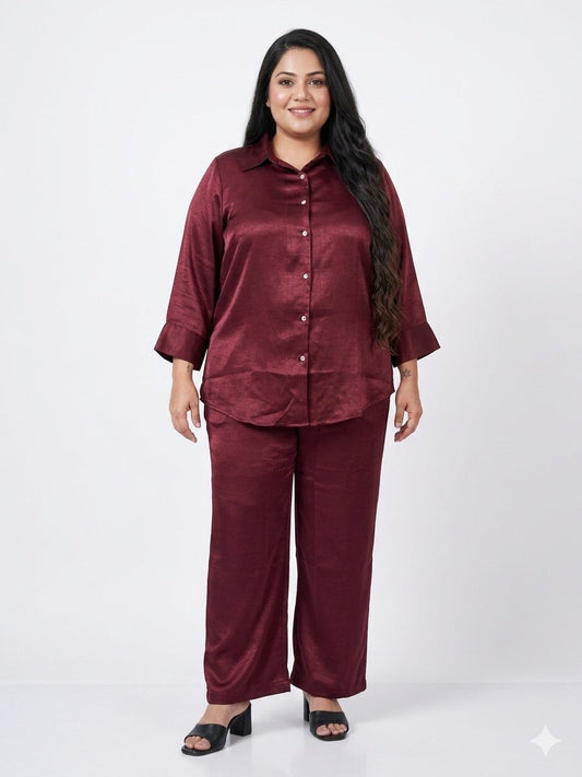 Women's Plus Size Wine Satin Button-Down Shirt & Straight-Leg Trouser Set