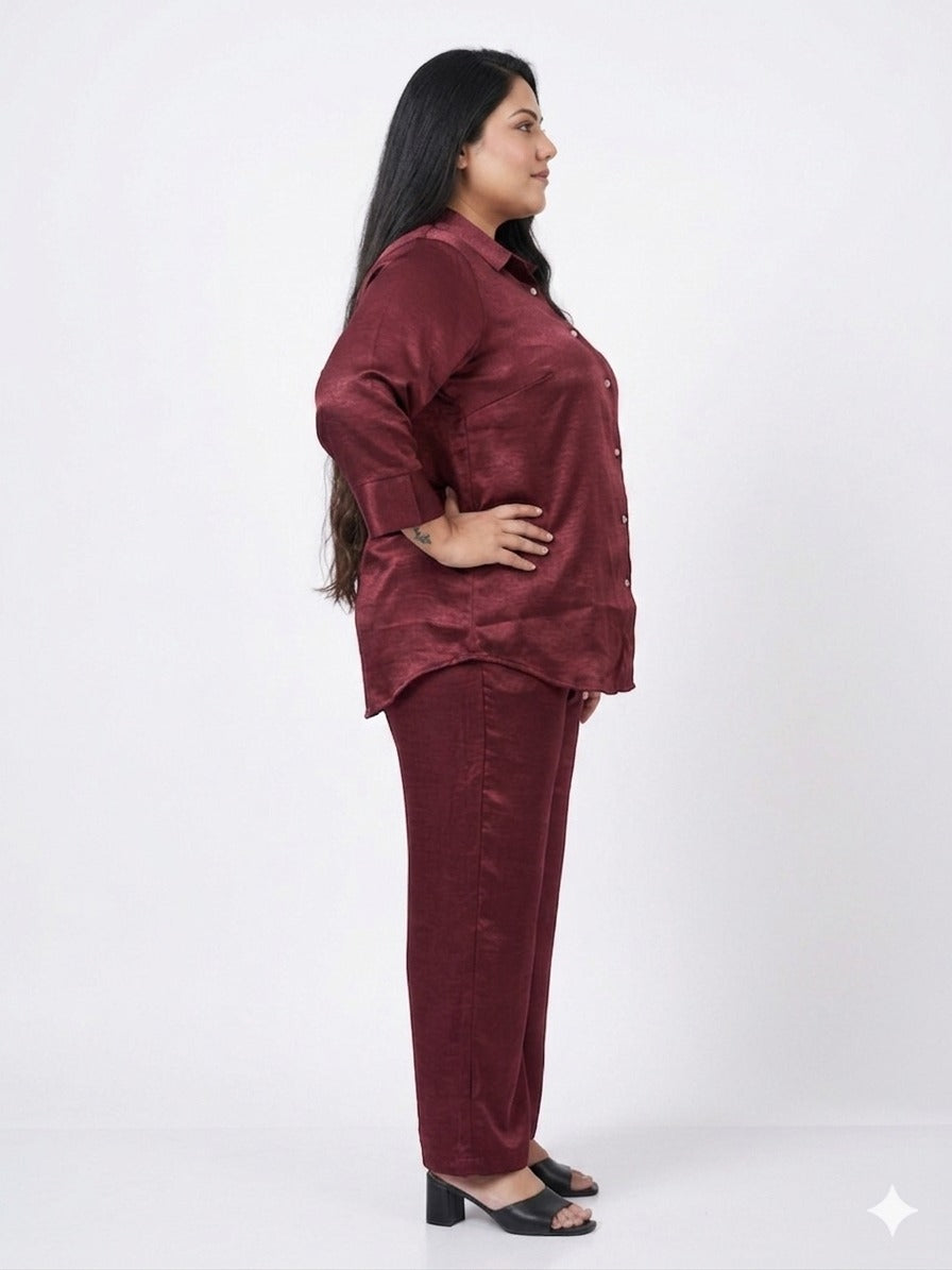 Women's Plus Size Wine Satin Button-Down Shirt & Straight-Leg Trouser Set