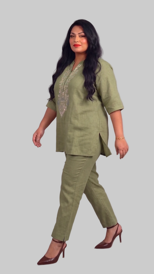 Premium Linen Embroidered Tunic & Trouser Set