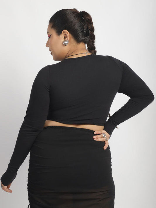Sleek Black Front Drawstring Crop Top