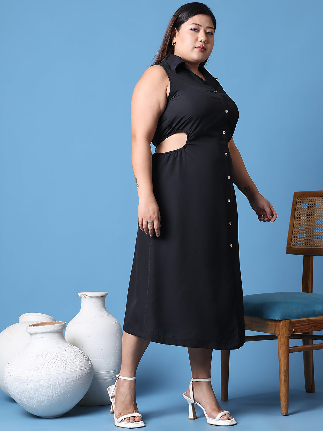 Women's Plus Size Black Solid Color shirt collar A-Line dress