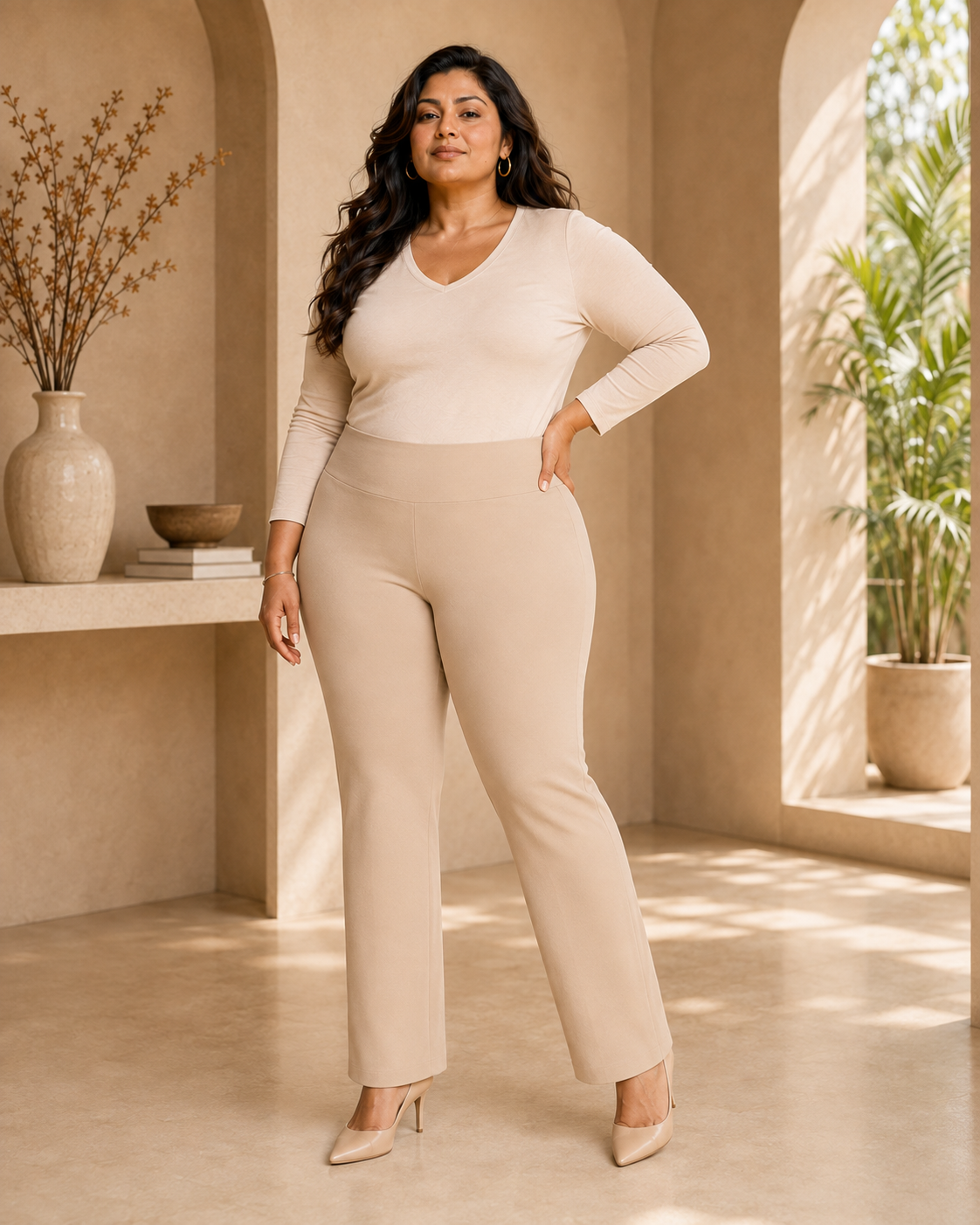 OG Magic Pants in Beige styled on a plus-size model