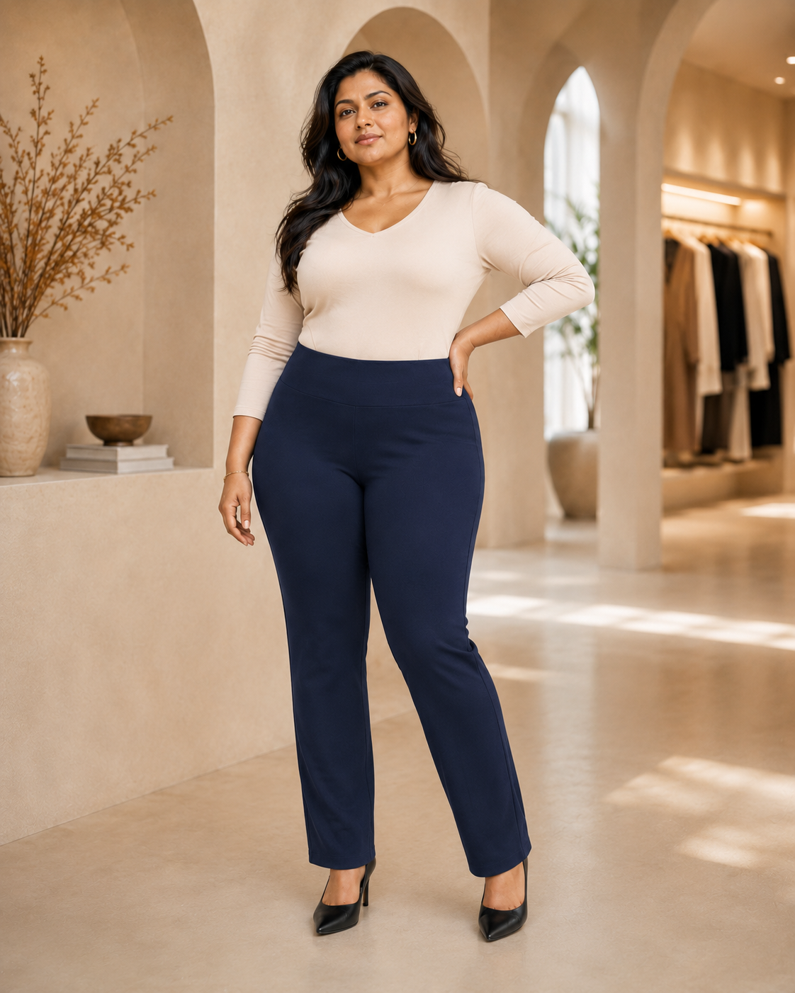 OG Magic Pants in Navy styled on a plus-size model