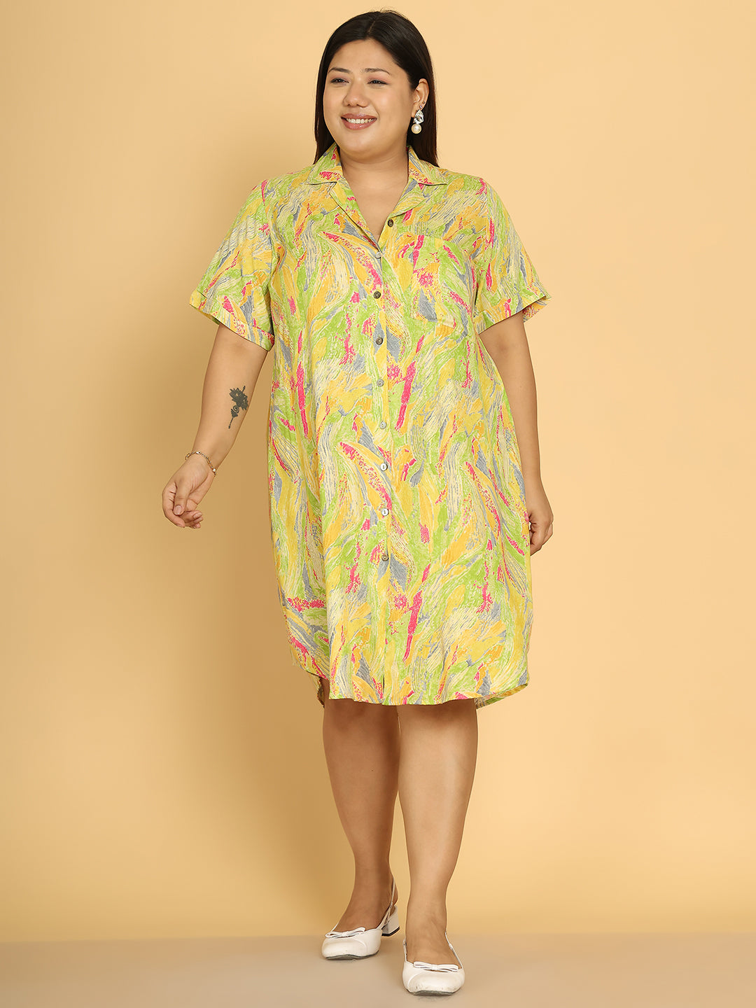 Women's Plus Size Yellow Gold Foil Printed A-Line Dress