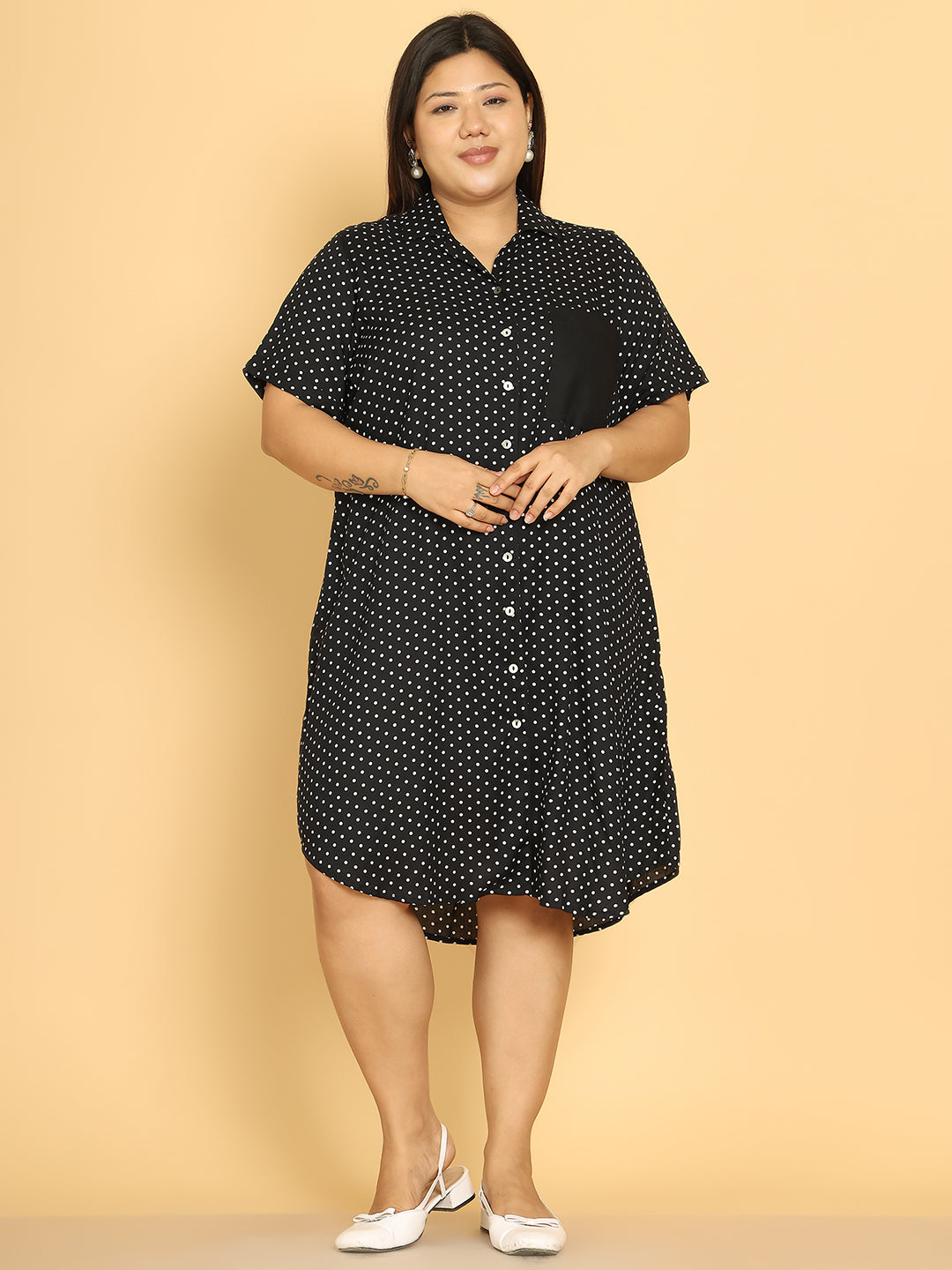 Women's Plus Size Black Polka Dot Printed A-Line Dress