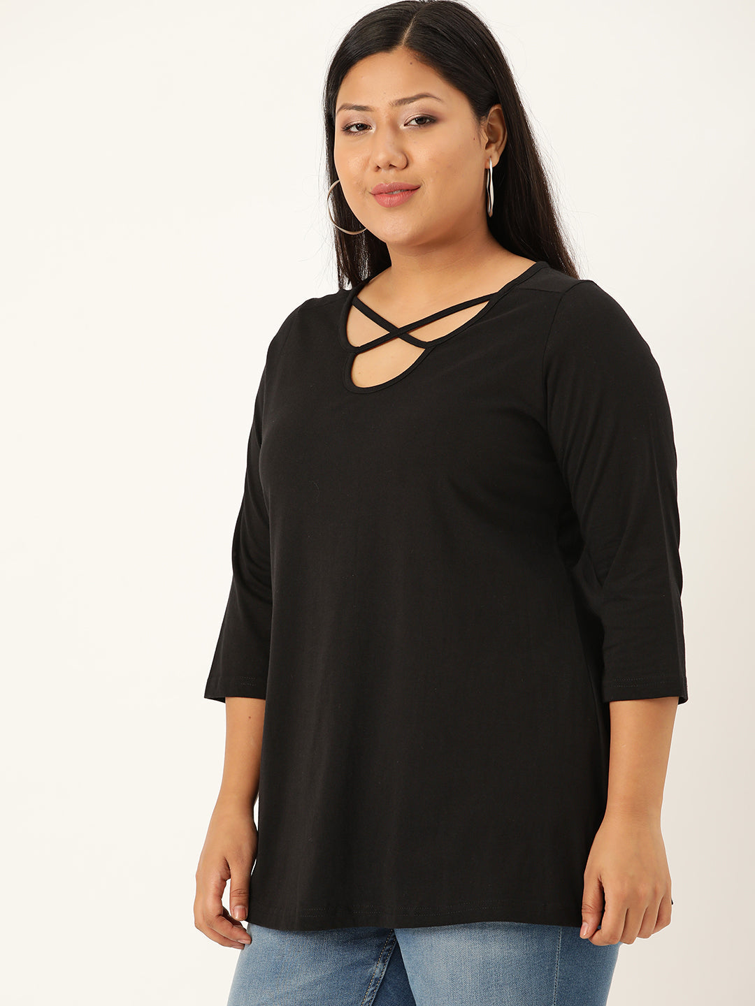 Plus Size Cut-Out Neck Detail Cotton Top
