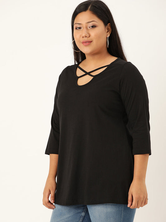 Plus Size Cut-Out Neck Detail Cotton Top