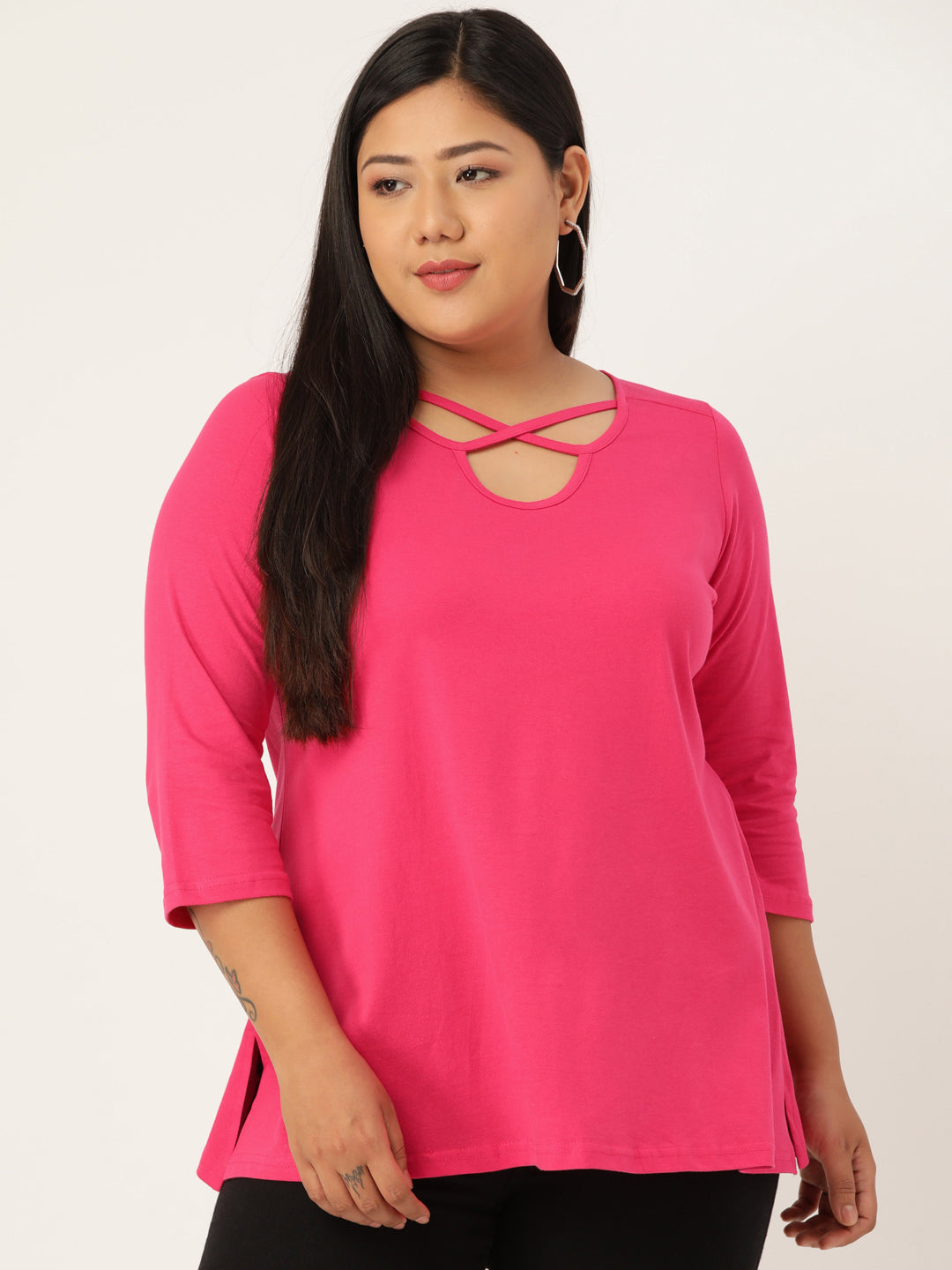 Plus Size Cut-Out Neck Detail Cotton Top