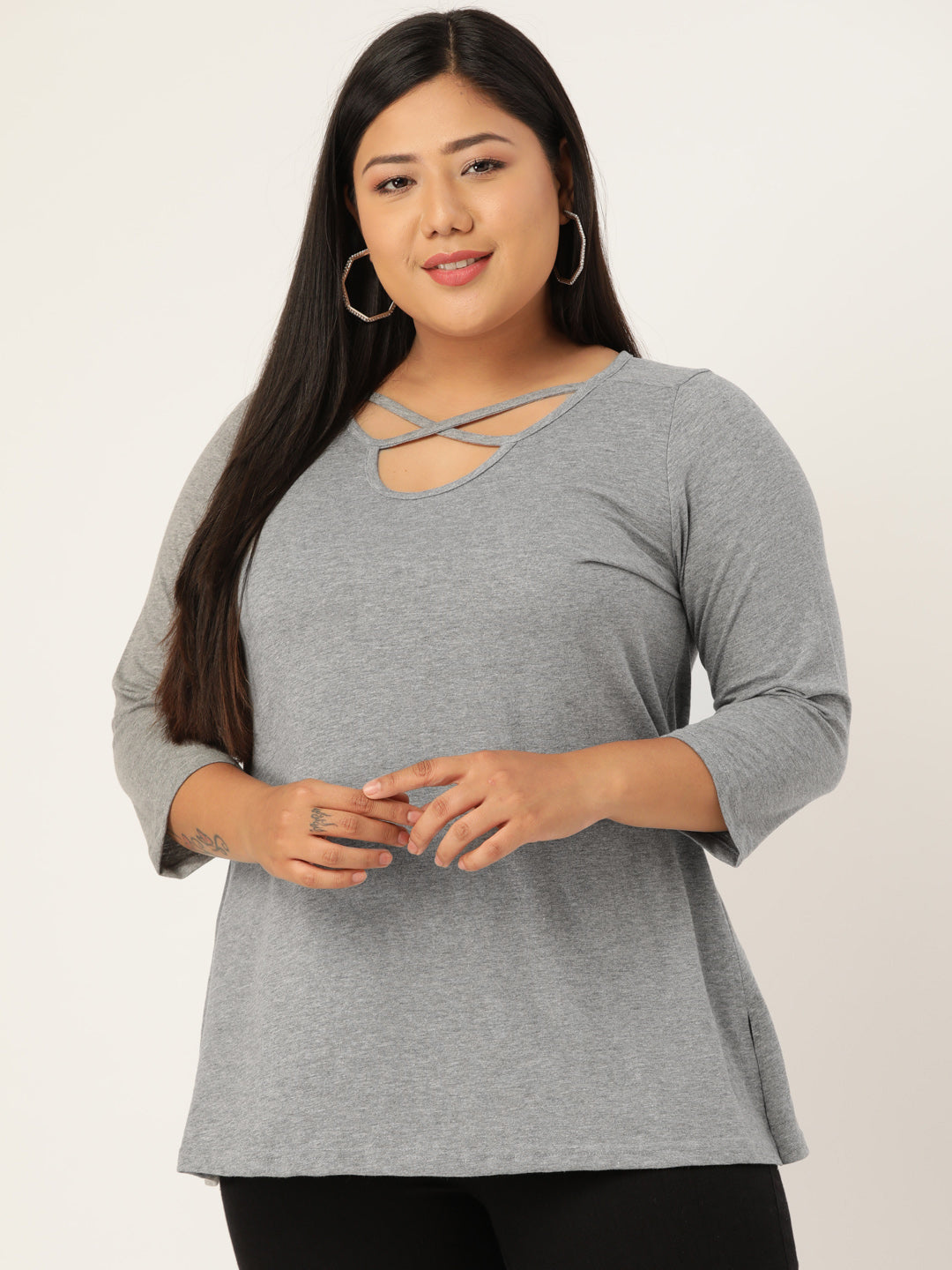 Plus Size Cut-Out Neck Detail Cotton Top
