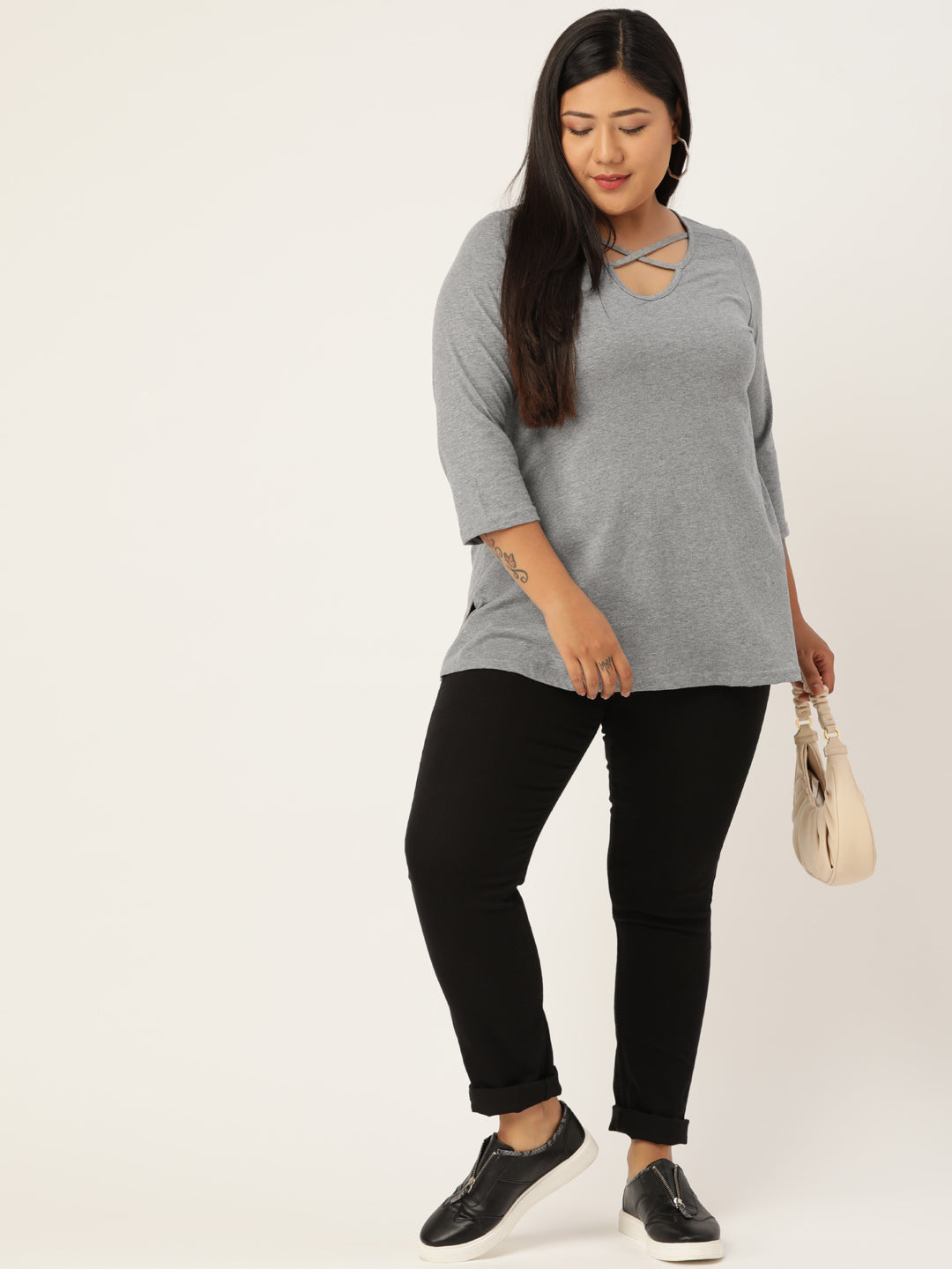Plus Size Cut-Out Neck Detail Cotton Top