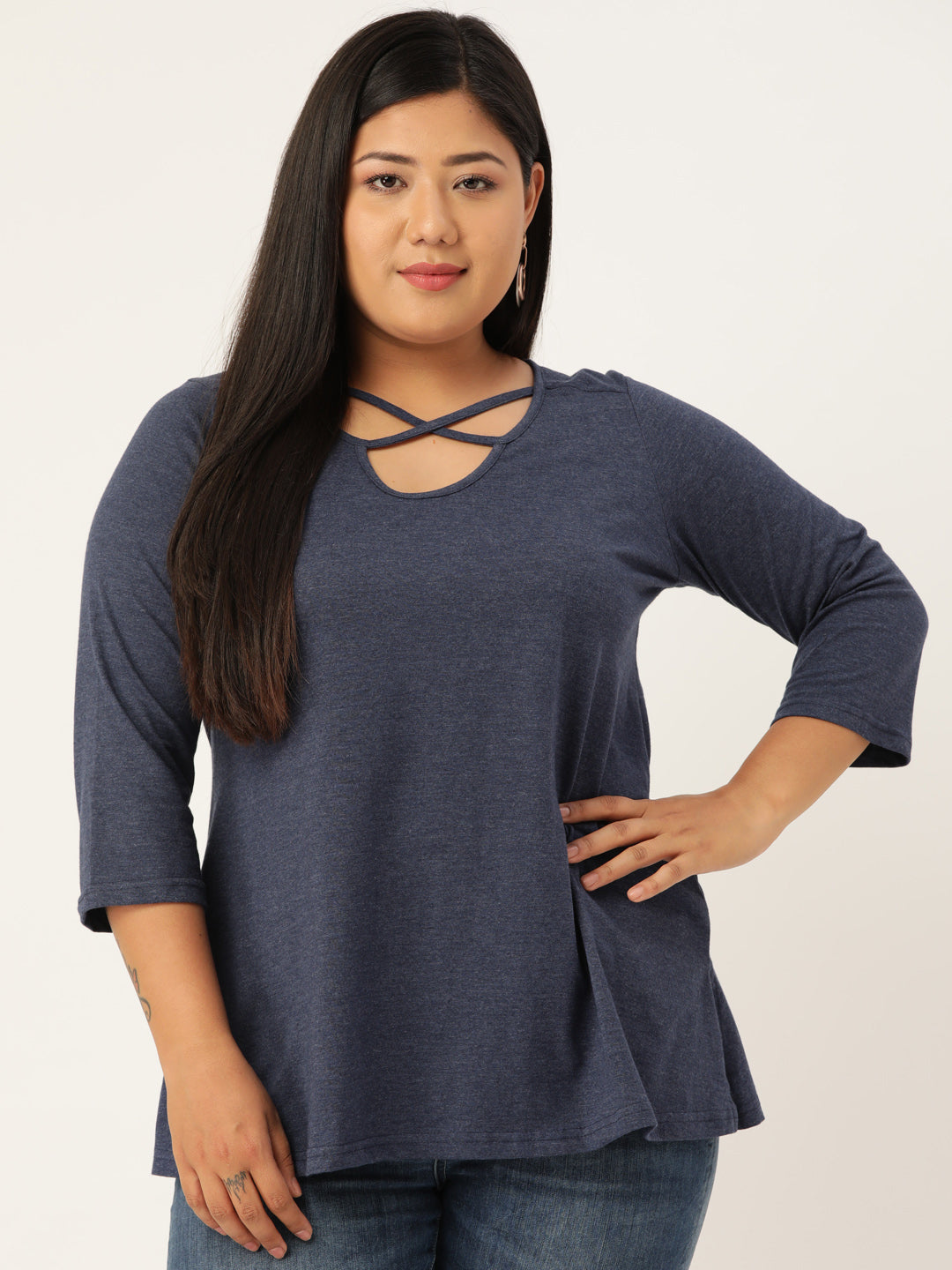 Plus Size Cut-Out Neck Detail Cotton Top