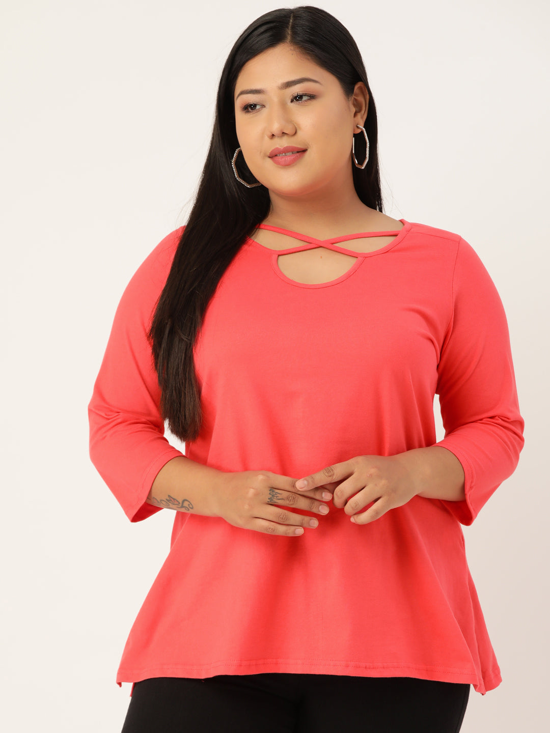 Plus Size Cut-Out Neck Detail Cotton Top
