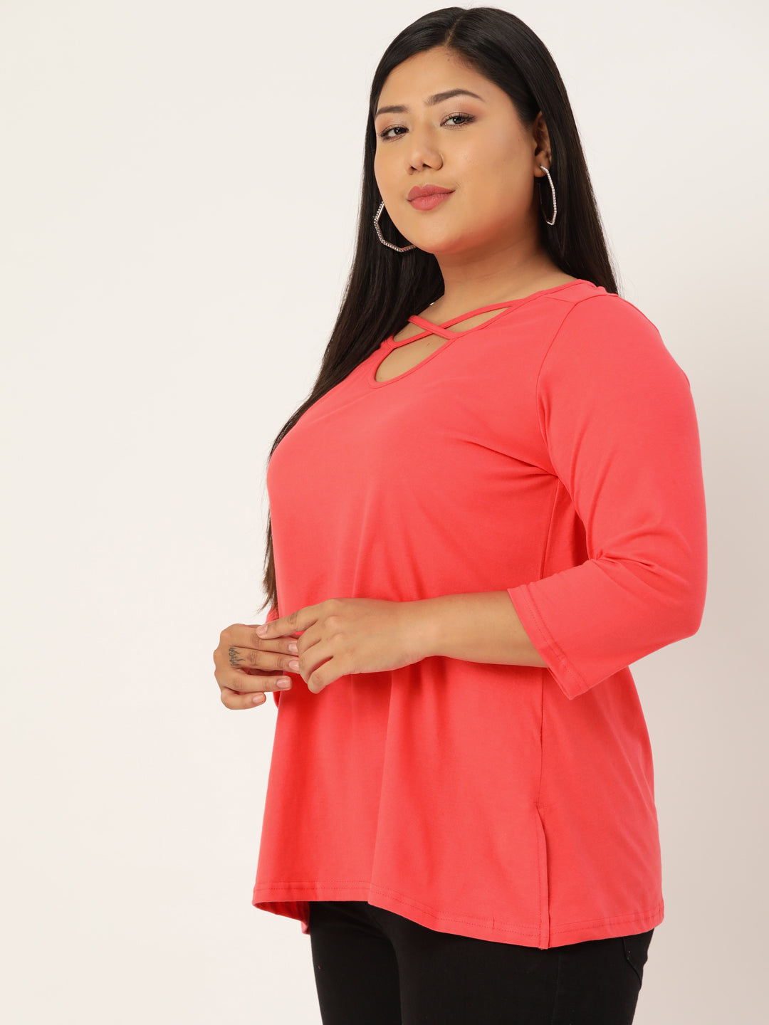 Plus Size Cut-Out Neck Detail Cotton Top