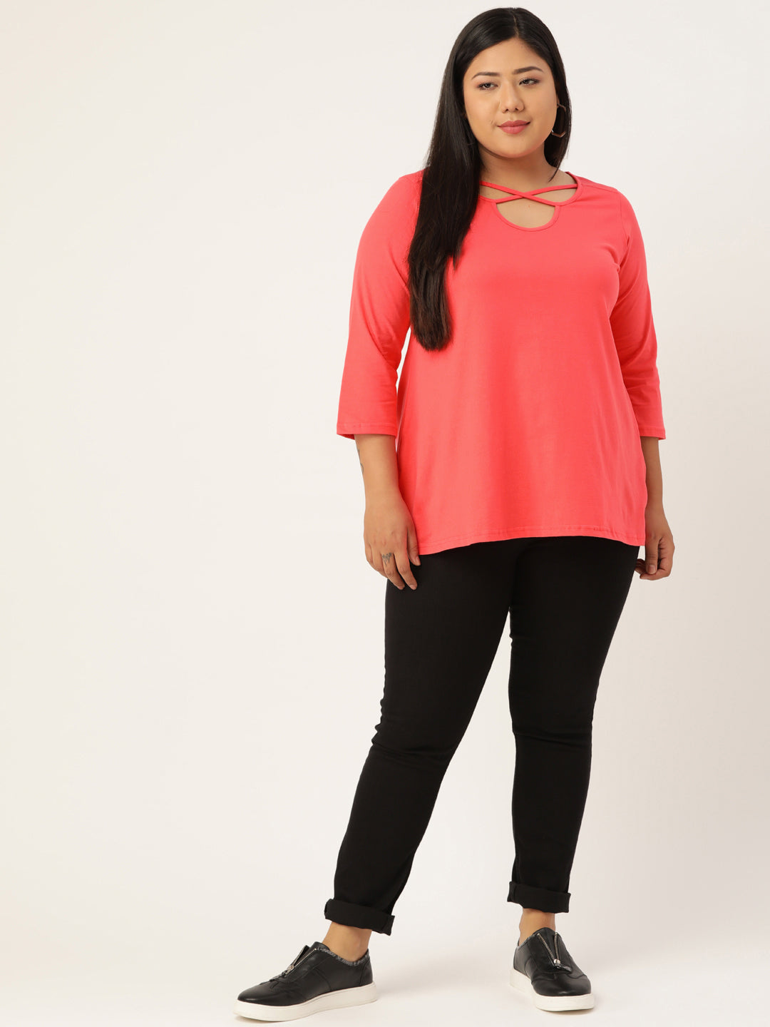 Plus Size Cut-Out Neck Detail Cotton Top