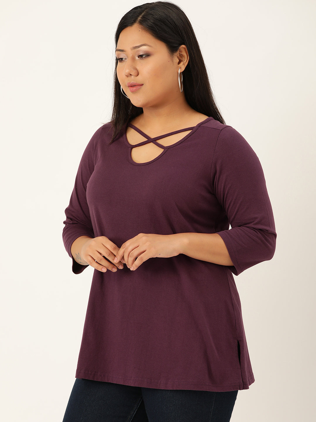 Plus Size Cut-Out Neck Detail Cotton Top