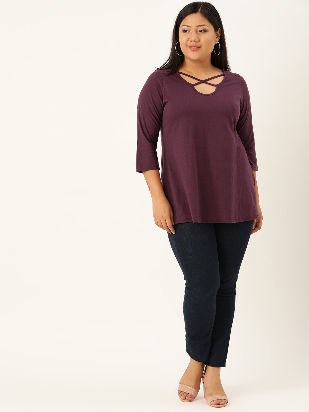 Plus Size Cut-Out Neck Detail Cotton Top