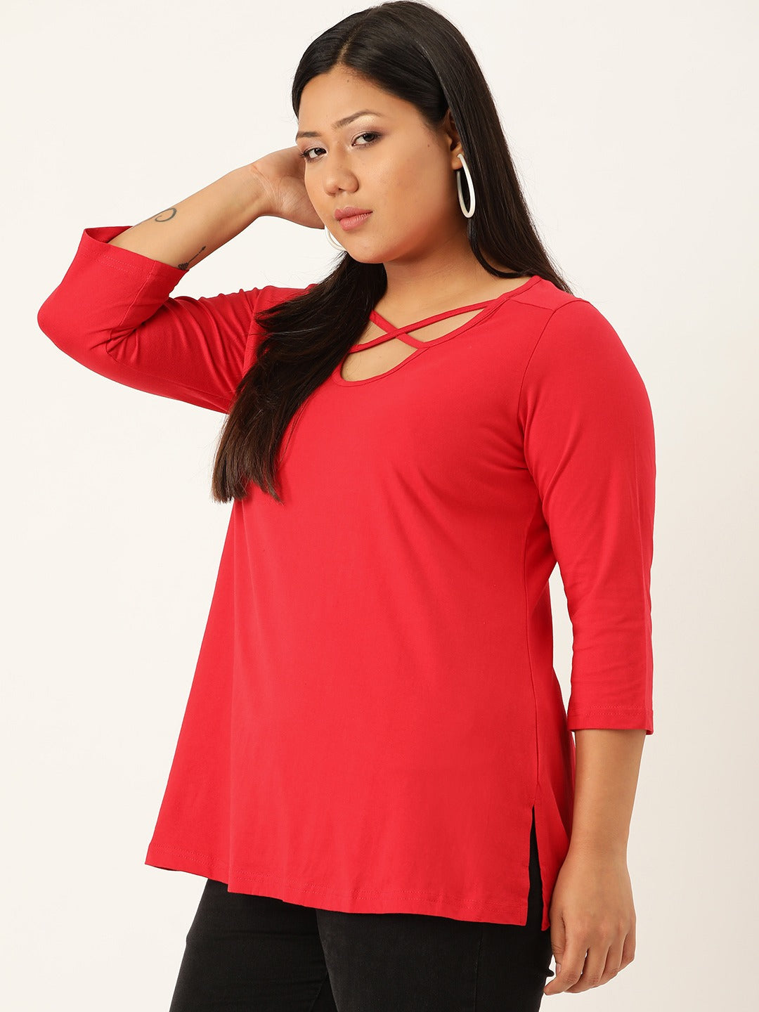 Plus Size Cut-Out Neck Detail Cotton Top