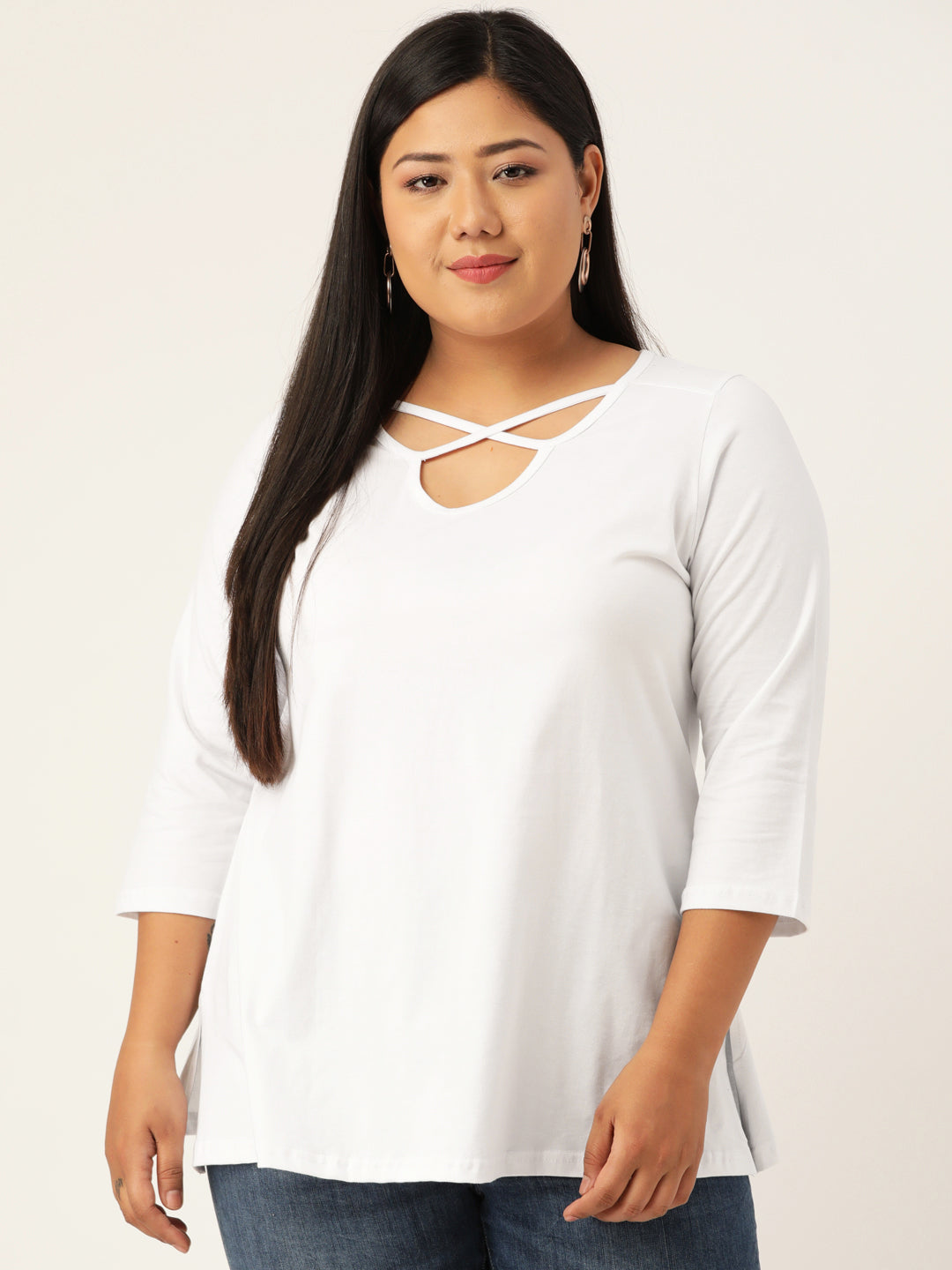 Plus Size Cut-Out Neck Detail Cotton Top