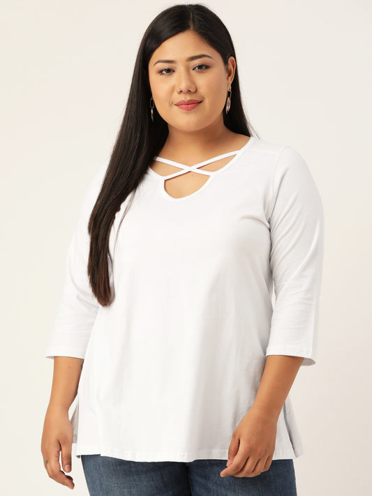 Plus Size Cut-Out Neck Detail Cotton Top