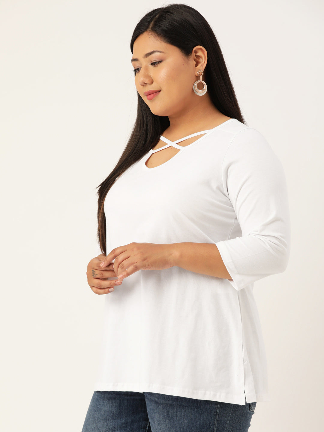 Plus Size Cut-Out Neck Detail Cotton Top