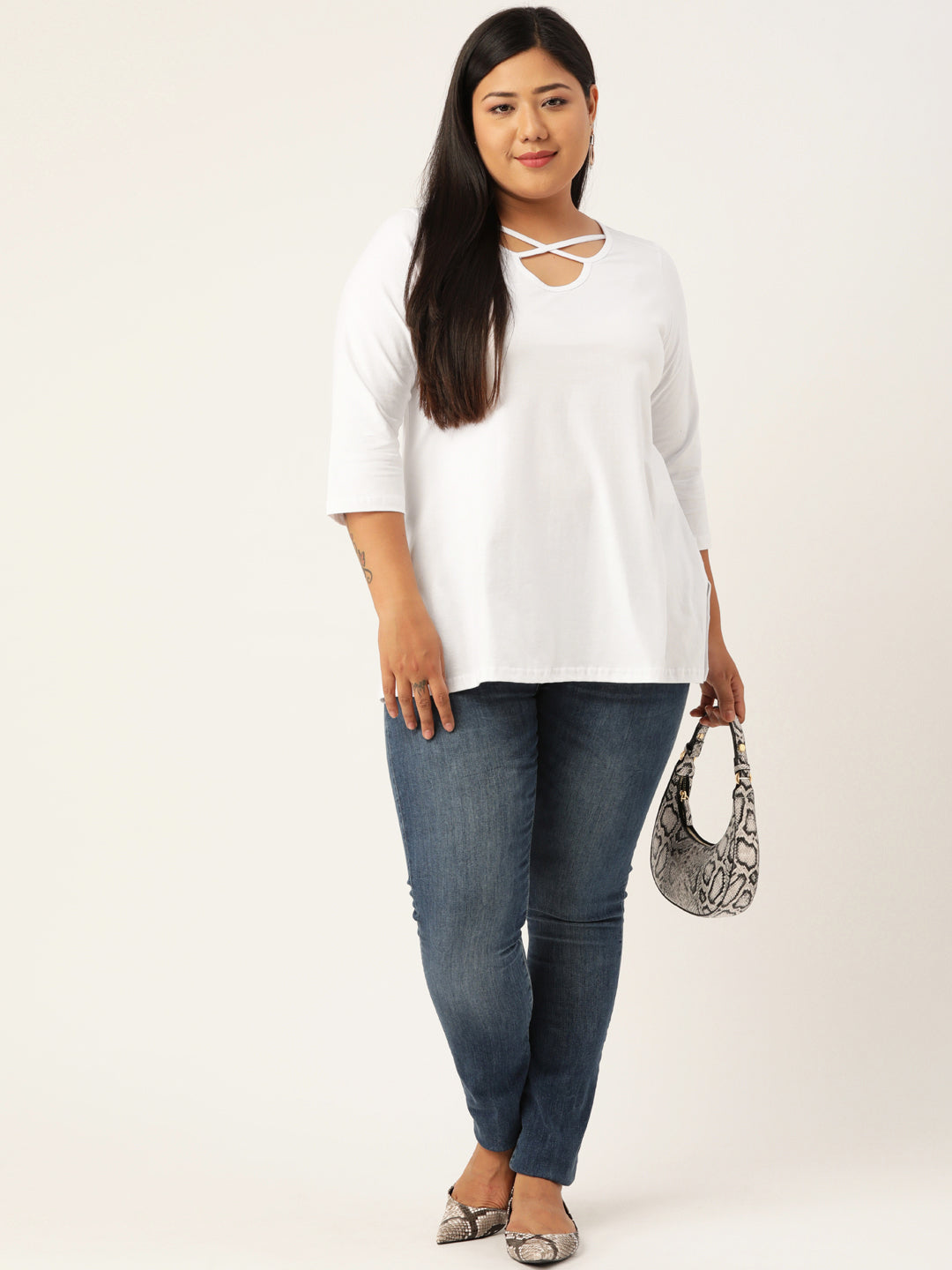 Plus Size Cut-Out Neck Detail Cotton Top