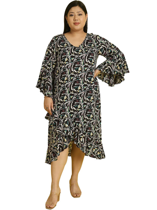 Women Bell Sleeve Ruffled A-Line Midi Dress