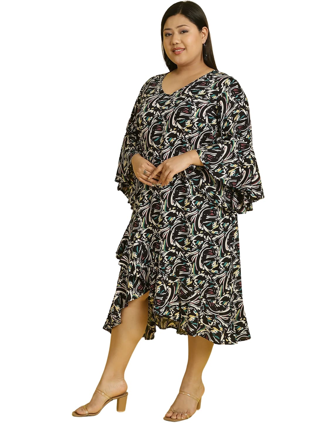 Women Bell Sleeve Ruffled A-Line Midi Dress