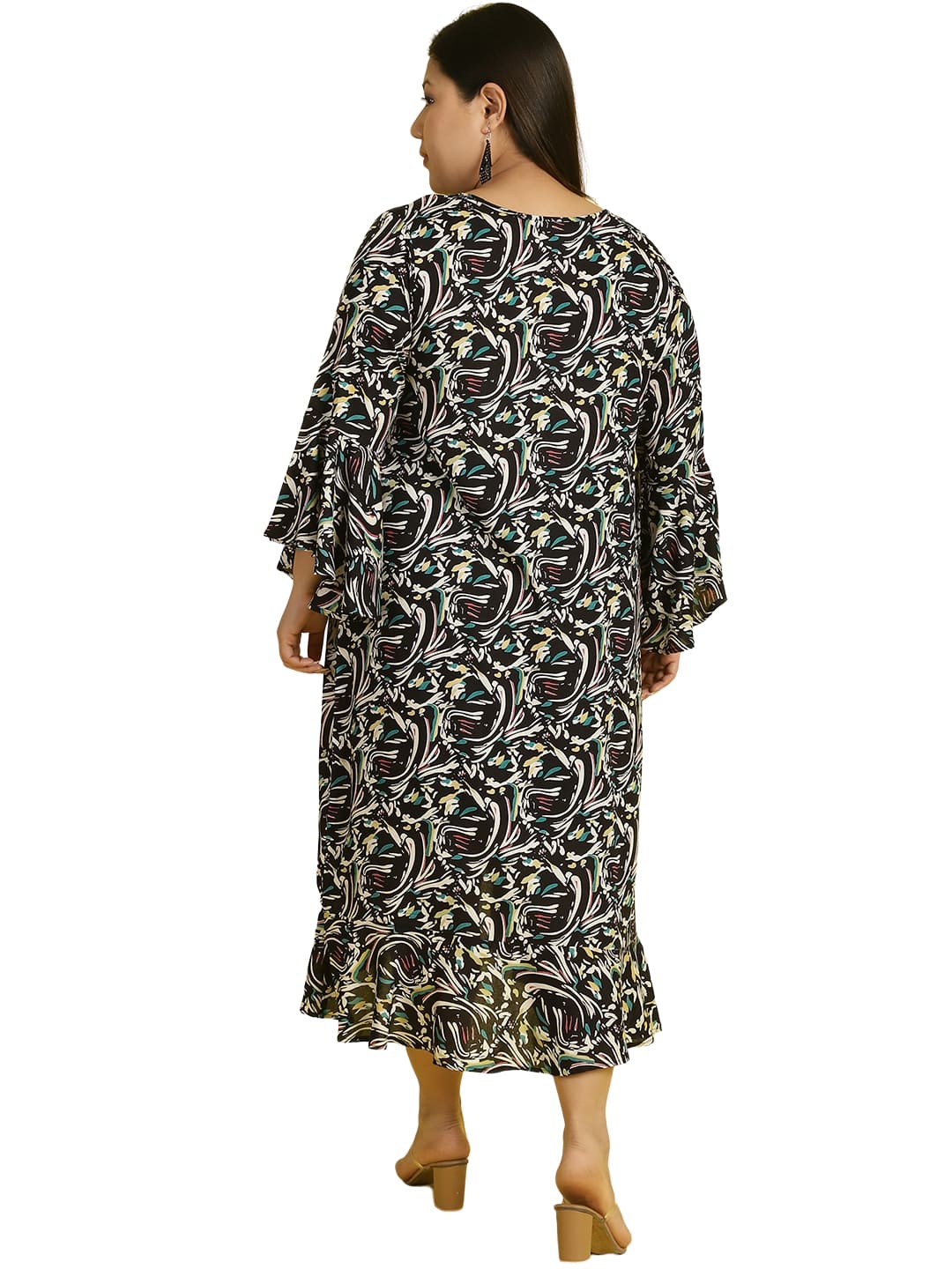 Women Bell Sleeve Ruffled A-Line Midi Dress