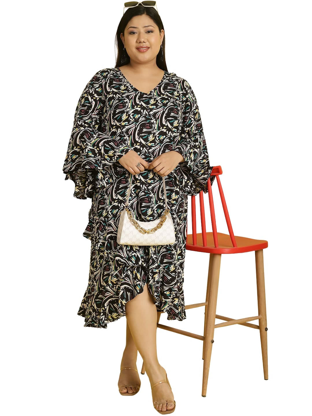 Women Bell Sleeve Ruffled A-Line Midi Dress