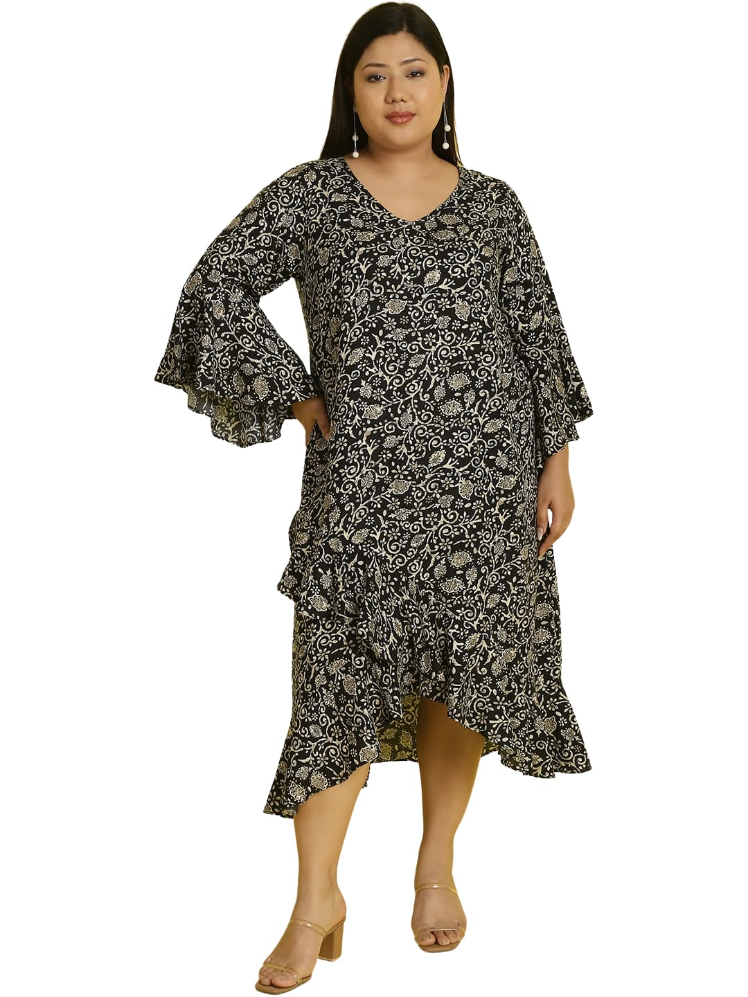 Women Bell Sleeve Ruffled A-Line Midi Dress