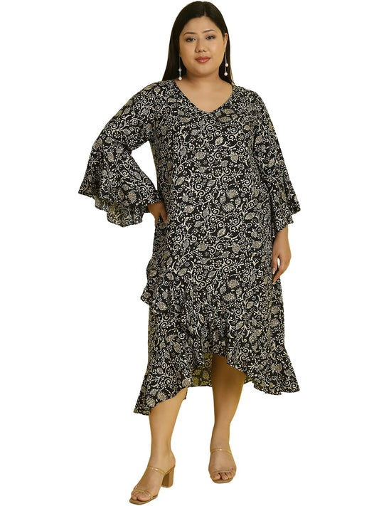 Women Bell Sleeve Ruffled A-Line Midi Dress
