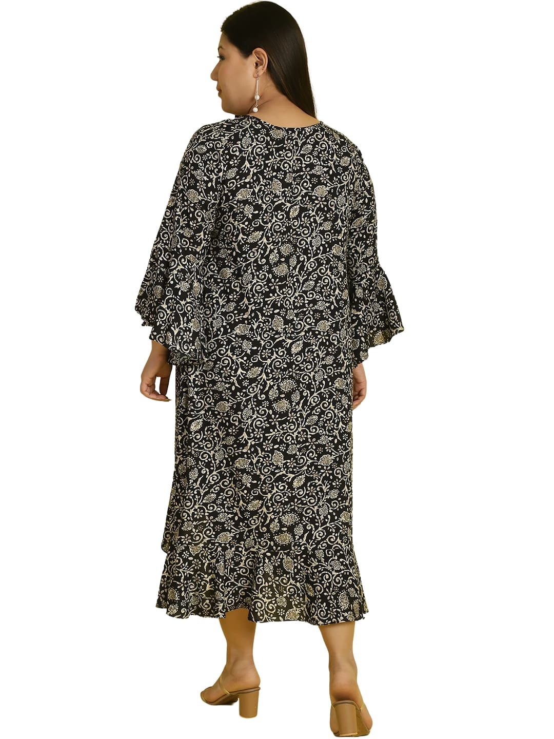 Women Bell Sleeve Ruffled A-Line Midi Dress