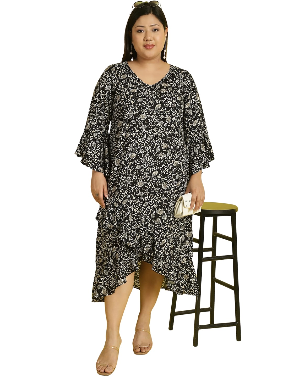 Women Bell Sleeve Ruffled A-Line Midi Dress