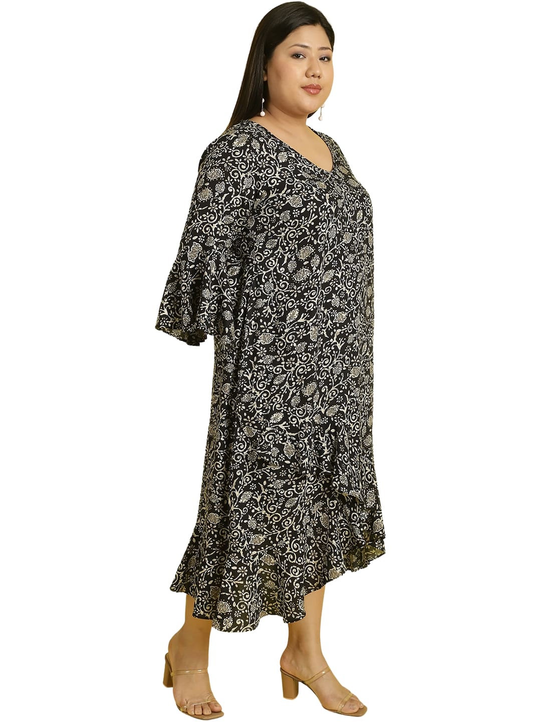 Women Bell Sleeve Ruffled A-Line Midi Dress