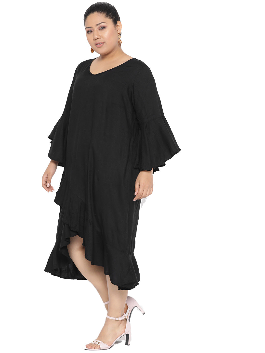 Women Bell Sleeve Ruffled A-Line Midi Dress