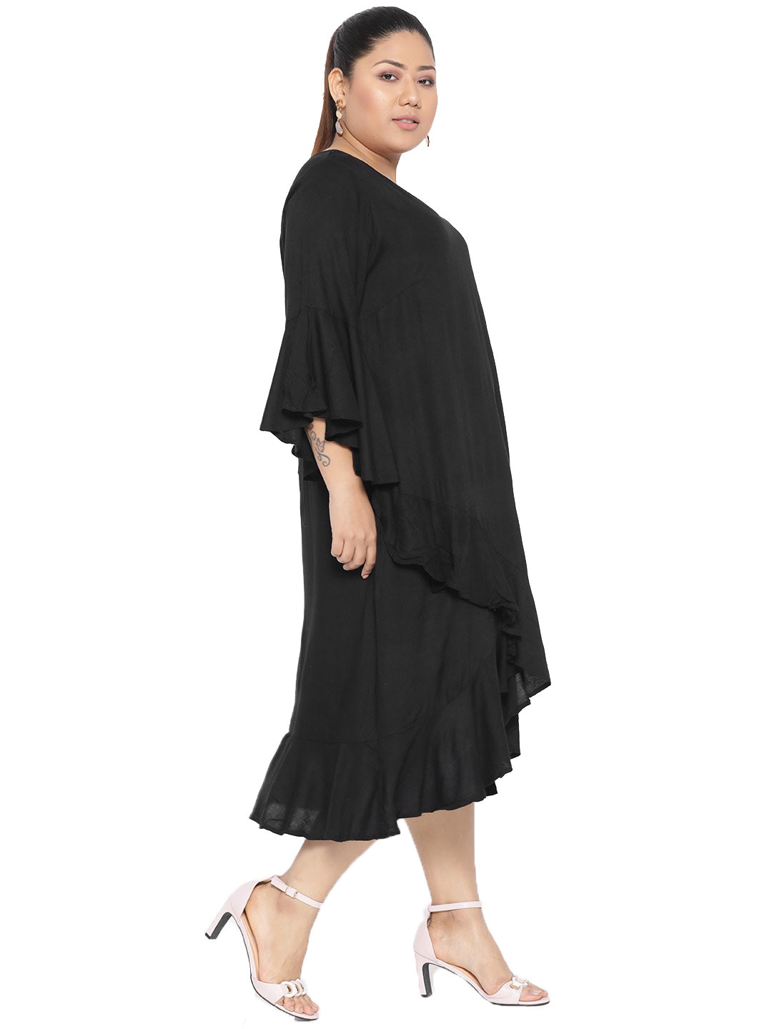 Women Bell Sleeve Ruffled A-Line Midi Dress